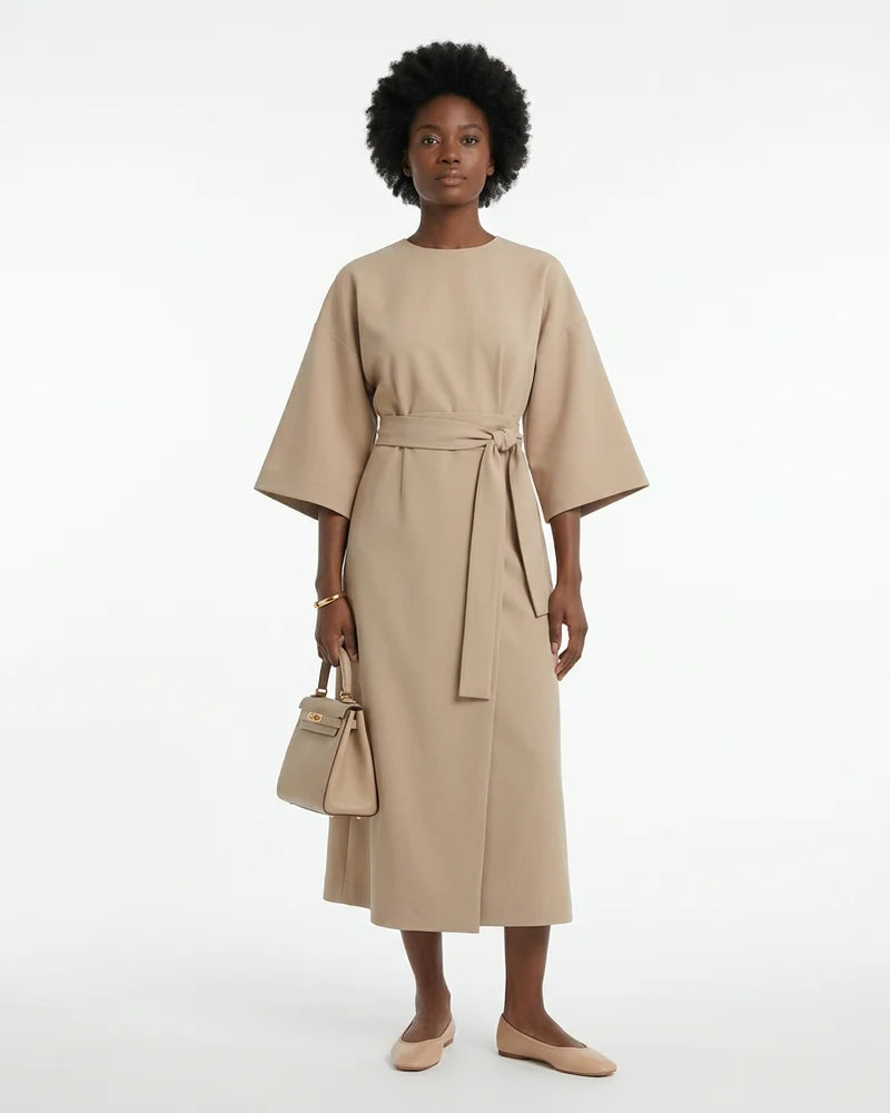 MARCFRANCOIS|Beige Devon | Damen Maxikleid Gürtel Elegant, Vorderansicht