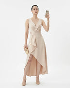 MARCFRANCOIS|Beige Ines | Damen Abendkleid Asymmetrisch Midi, Vorderansicht