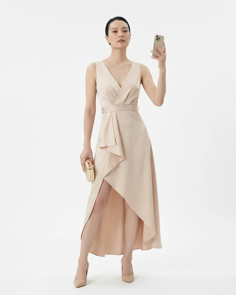 MARCFRANCOIS|Beige Ines | Damen Abendkleid Asymmetrisch Midi, Vorderansicht