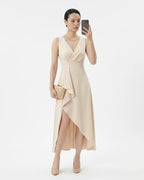 MARCFRANCOIS|Beige Ines | Damen Abendkleid Asymmetrisch Midi, Vorderansicht