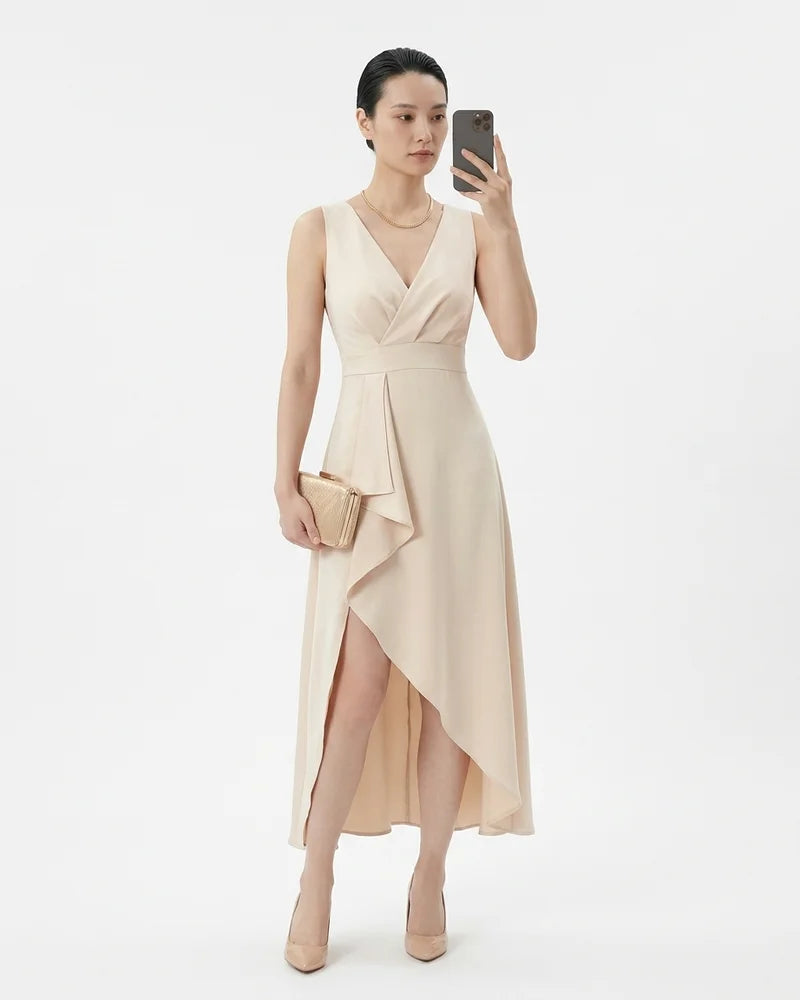MARCFRANCOIS|Beige Ines | Damen Abendkleid Asymmetrisch Midi, Vorderansicht