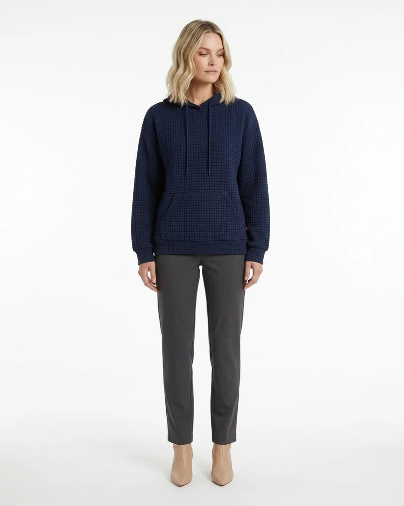 MARCFRANCOIS|Blau Greta | Damen Kapuzenpullover Waffelstruktur Langarm, Vorderansicht