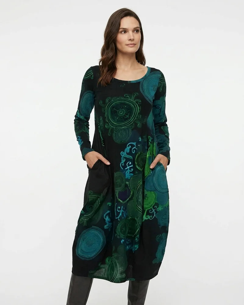 MARCFRANCOIS|Blau Jordan | Damen Langarm Kleid Print Locker, Vorderansicht