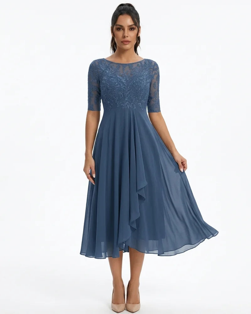 MARCFRANCOIS|Blau Romy | Damen Spitzenkleid A-Linie Midi, Vorderansicht