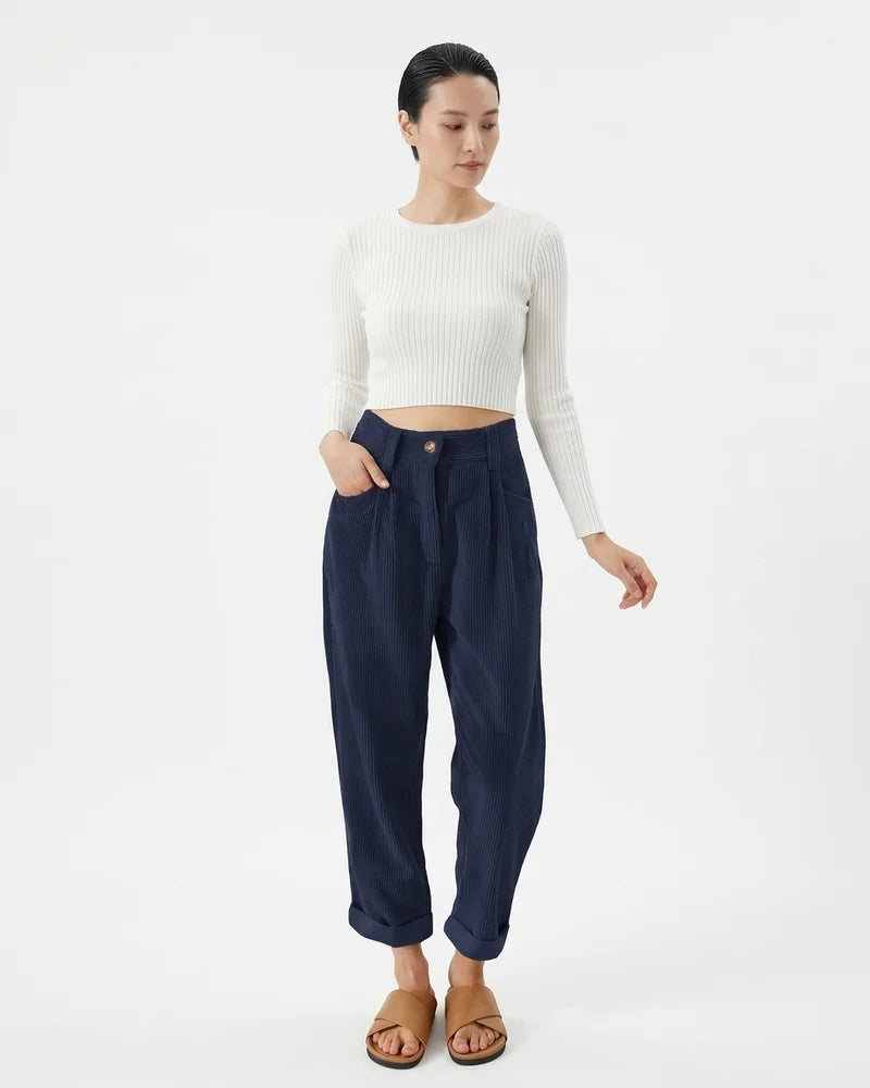 MARCFRANCOIS|Blau Marie | Damen Cordhose High Waist Weit, Vorderansicht