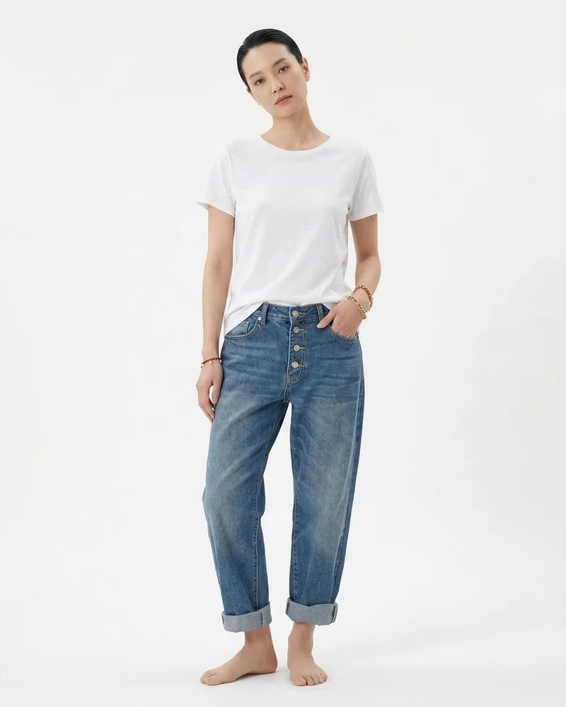 MARCFRANCOIS|Blau Emma | Damen Jeans High Waist Knopfleiste, Vorderansicht