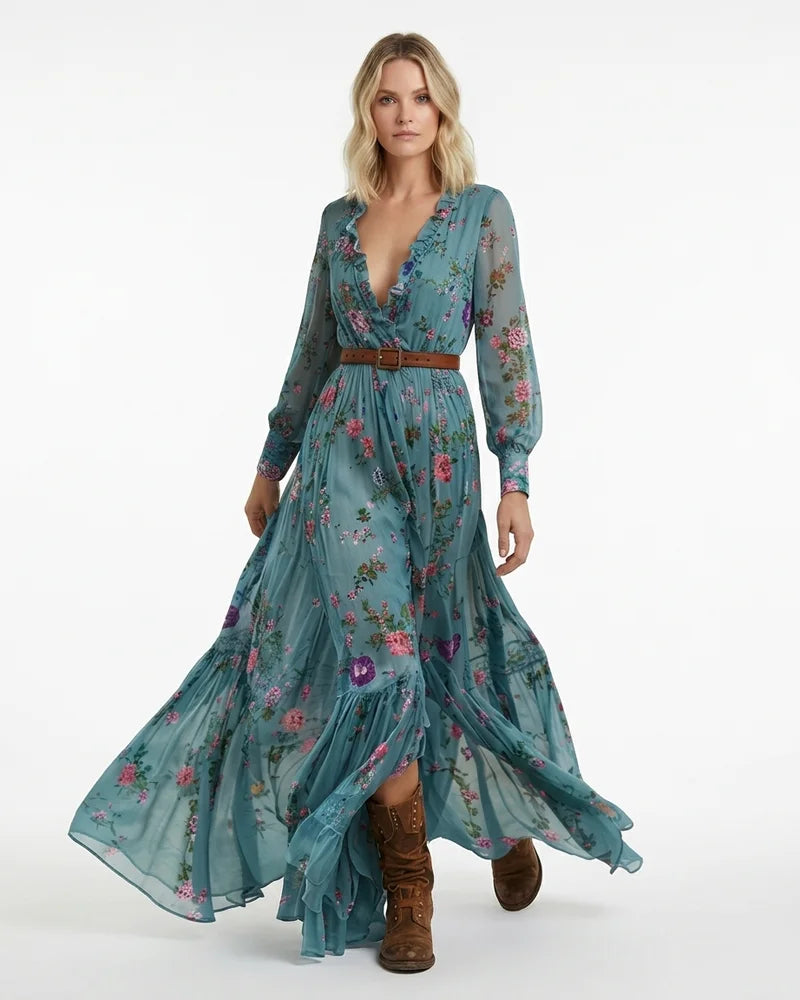MARCFRANCOIS|Blau Hanna | Damen Boho Maxikleid Stickerei Volant, Vorderansicht