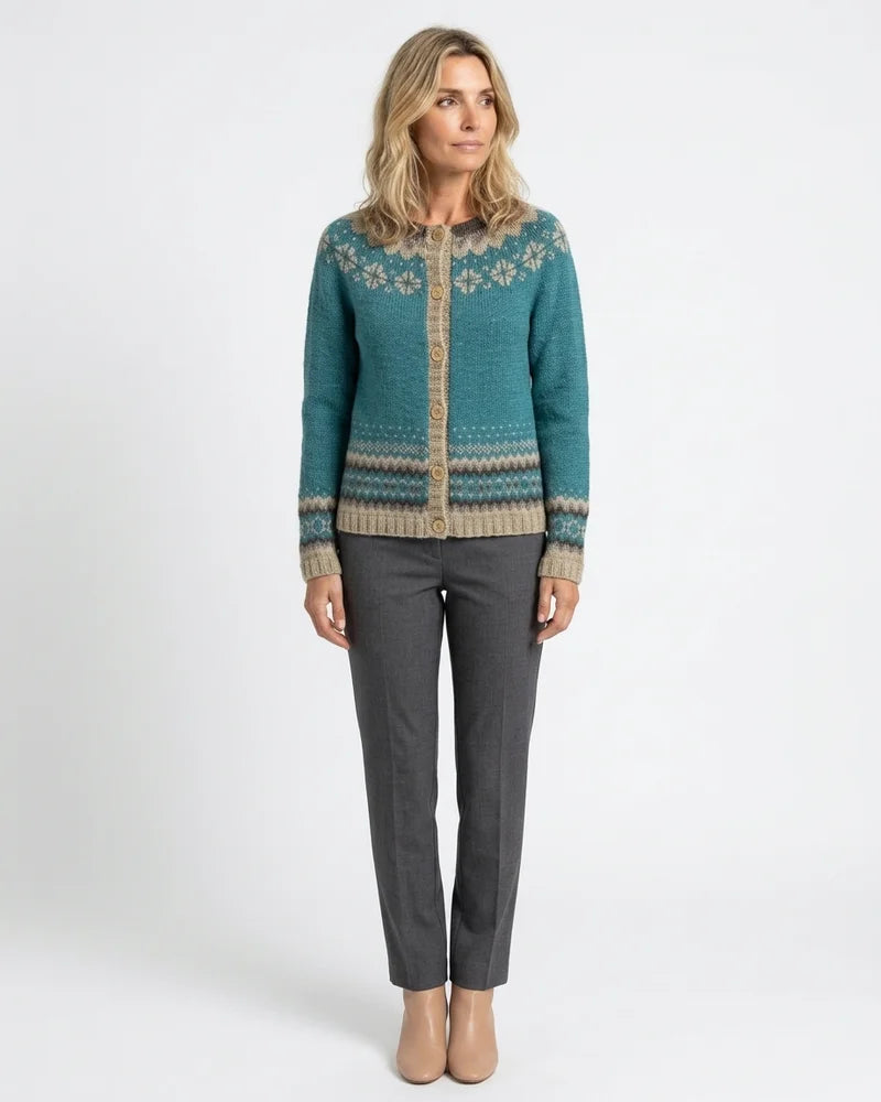 MARCFRANCOIS|Blau Vera | Damen Strickjacke Norwegermuster Winter, Vorderansicht