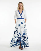MARCFRANCOIS|Blau Kendall | Damen Maxikleid Blumen V-Ausschnitt, Vorderansicht