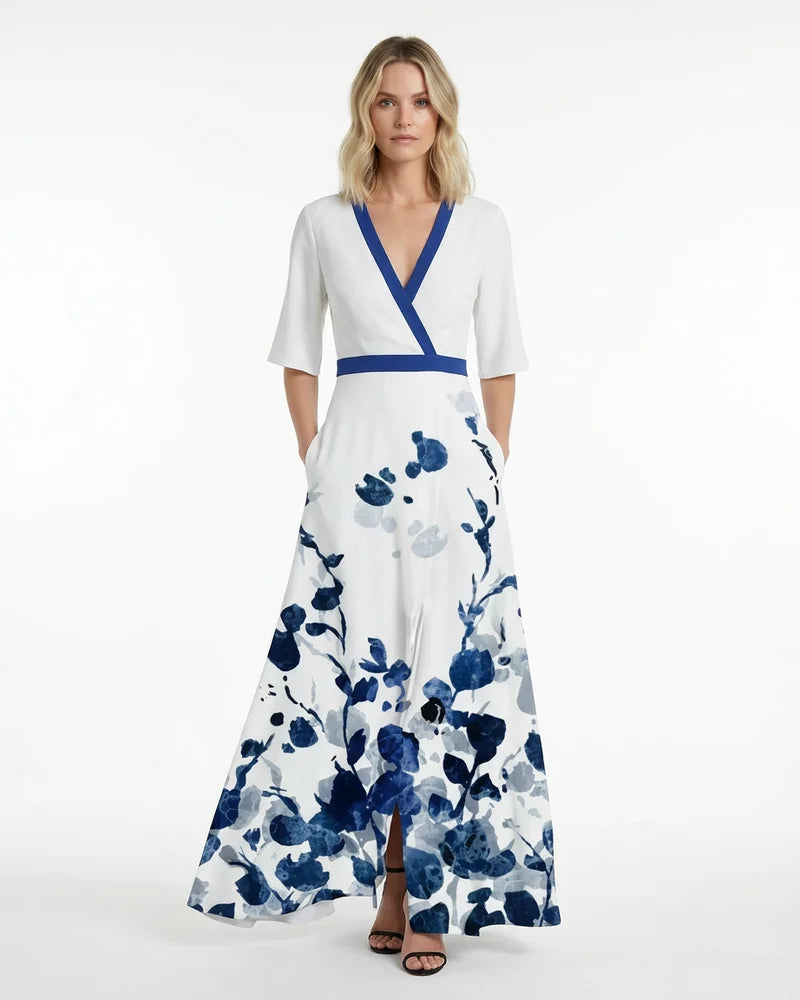 MARCFRANCOIS|Blau Kendall | Damen Maxikleid Blumen V-Ausschnitt, Vorderansicht
