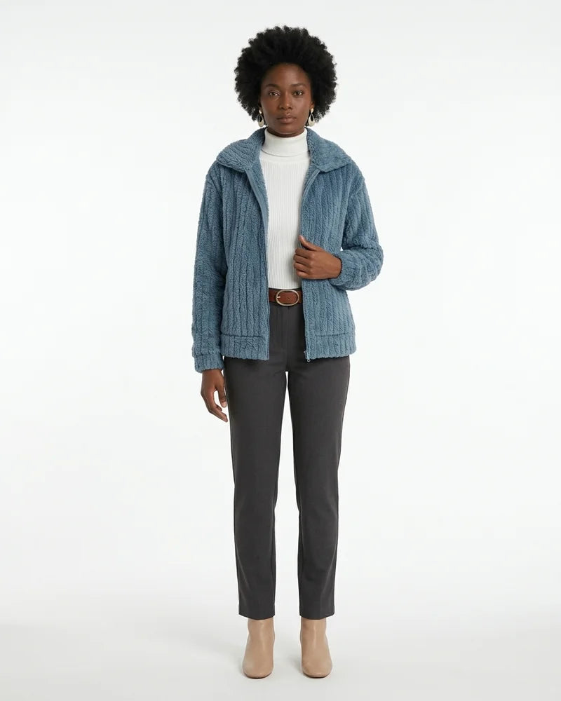 MARCFRANCOIS|Blauw Nina | Damen Teddyfell Jacke Reißverschluss, Vorderansicht