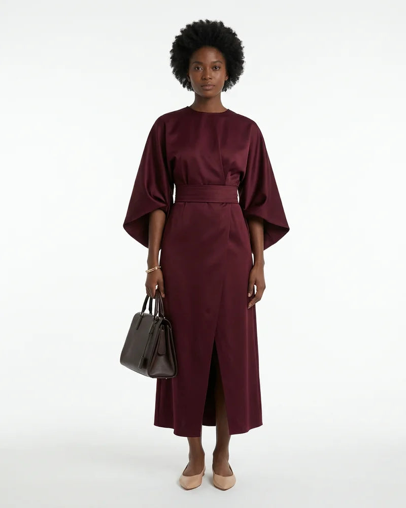 MARCFRANCOIS|Bordeaux Devon | Damen Maxikleid Gürtel Elegant, Vorderansicht