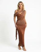 MARCFRANCOIS|Braun Karin | Damen One-Shoulder Abendkleid Metallic Maxi, Vorderansicht