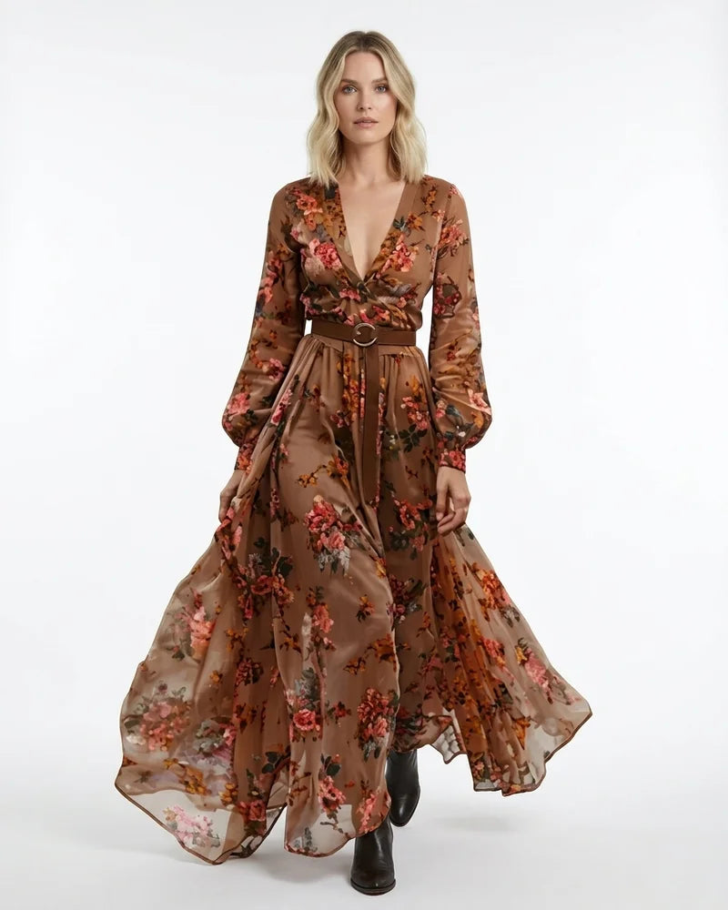 MARCFRANCOIS|Braun Hanna | Damen Boho Maxikleid Stickerei Volant, Vorderansicht