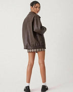 MARCFRANCOIS|Schwarz Nika | Damen Oversize Lederjacke Reißverschluss, Vorderansicht