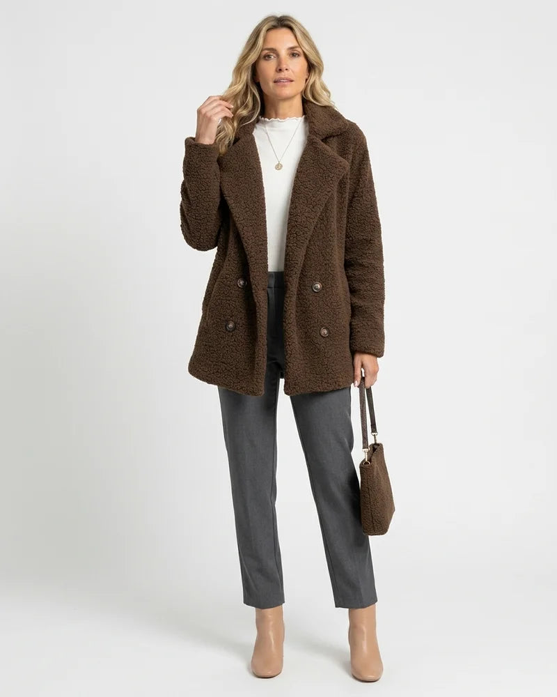 MARCFRANCOIS|Braun Zion | Damen Teddyjacke Revers Knöpfe, Vorderansicht