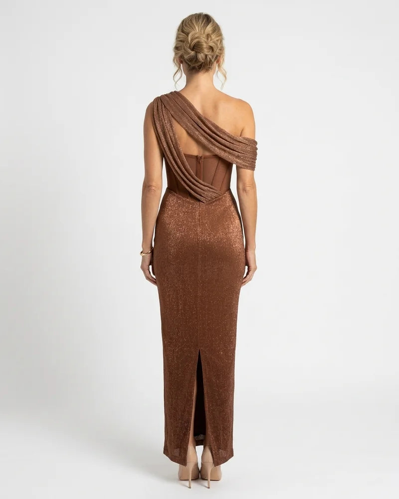 MARCFRANCOIS|Braun Karin | Damen One-Shoulder Abendkleid Metallic Maxi, Vorderansicht
