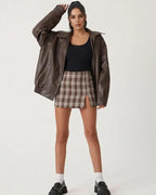 MARCFRANCOIS|Braun Nika | Damen Oversize Lederjacke Reißverschluss, Vorderansicht