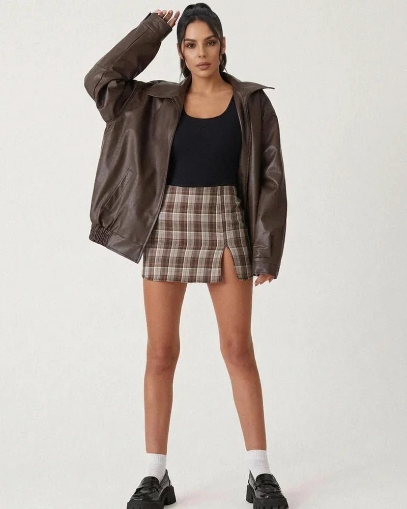MARCFRANCOIS|Braun Nika | Damen Oversize Lederjacke Reißverschluss, Vorderansicht