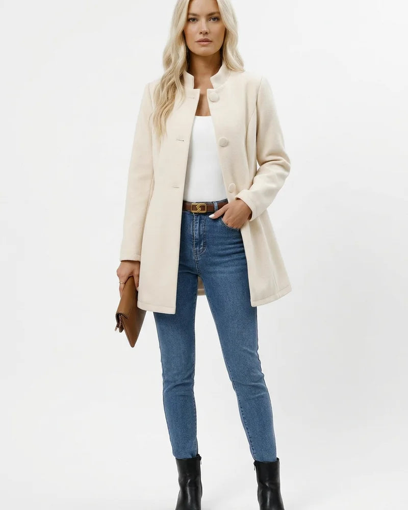 MARCFRANCOIS|Creme Leona | Damen Wintermantel mit Knöpfen, Vorderansicht