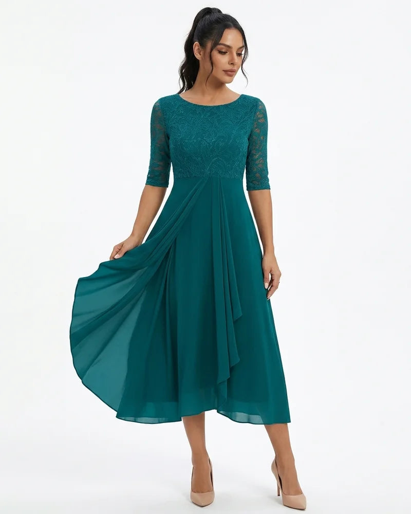 MARCFRANCOIS|Dunkelgrün Romy | Damen Spitzenkleid A-Linie Midi, Vorderansicht