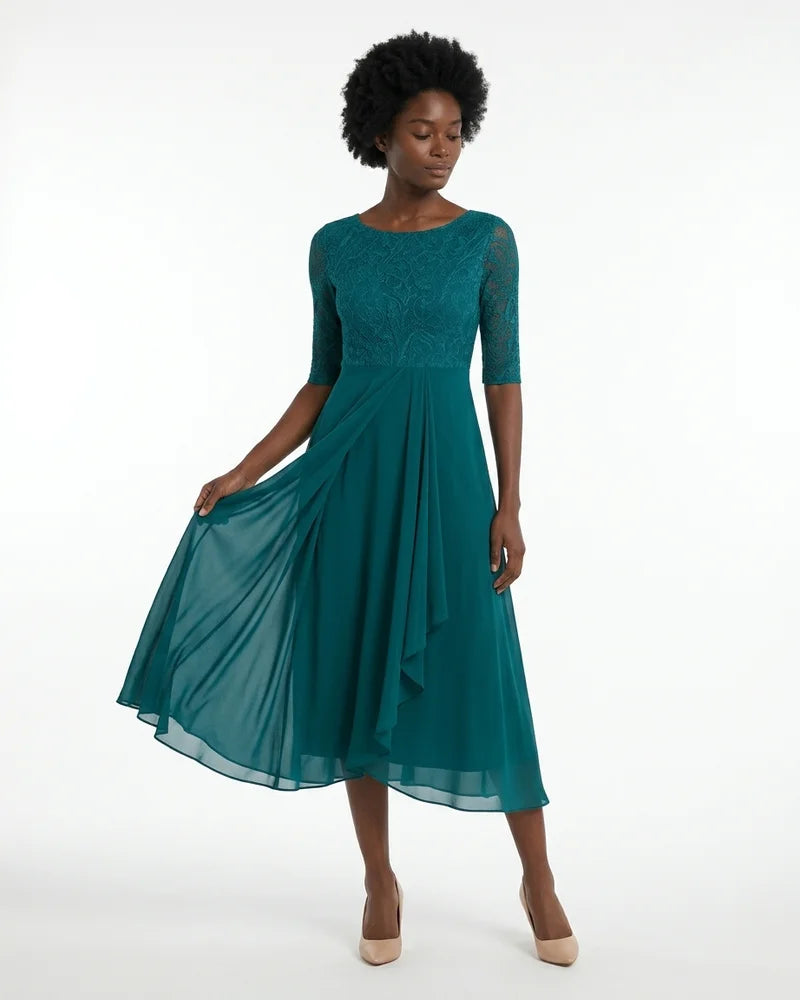 MARCFRANCOIS|Dunkelgrün Jana | Damen A-Linien Midikleid Spitze Elegant, Vorderansicht
