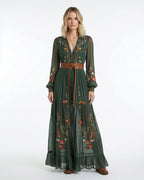 MARCFRANCOIS|Dunkelgrün Hanna | Damen Boho Maxikleid Stickerei Volant, Vorderansicht