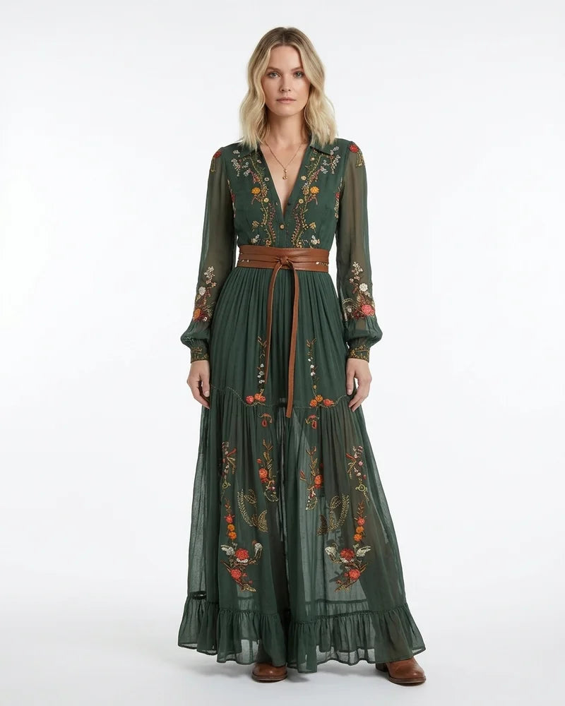 MARCFRANCOIS|Dunkelgrün Hanna | Damen Boho Maxikleid Stickerei Volant, Vorderansicht