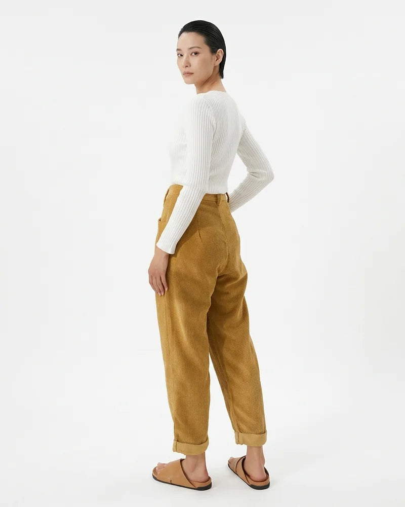 MARCFRANCOIS|Gelb Marie | Damen Cordhose High Waist Weit, Vorderansicht
