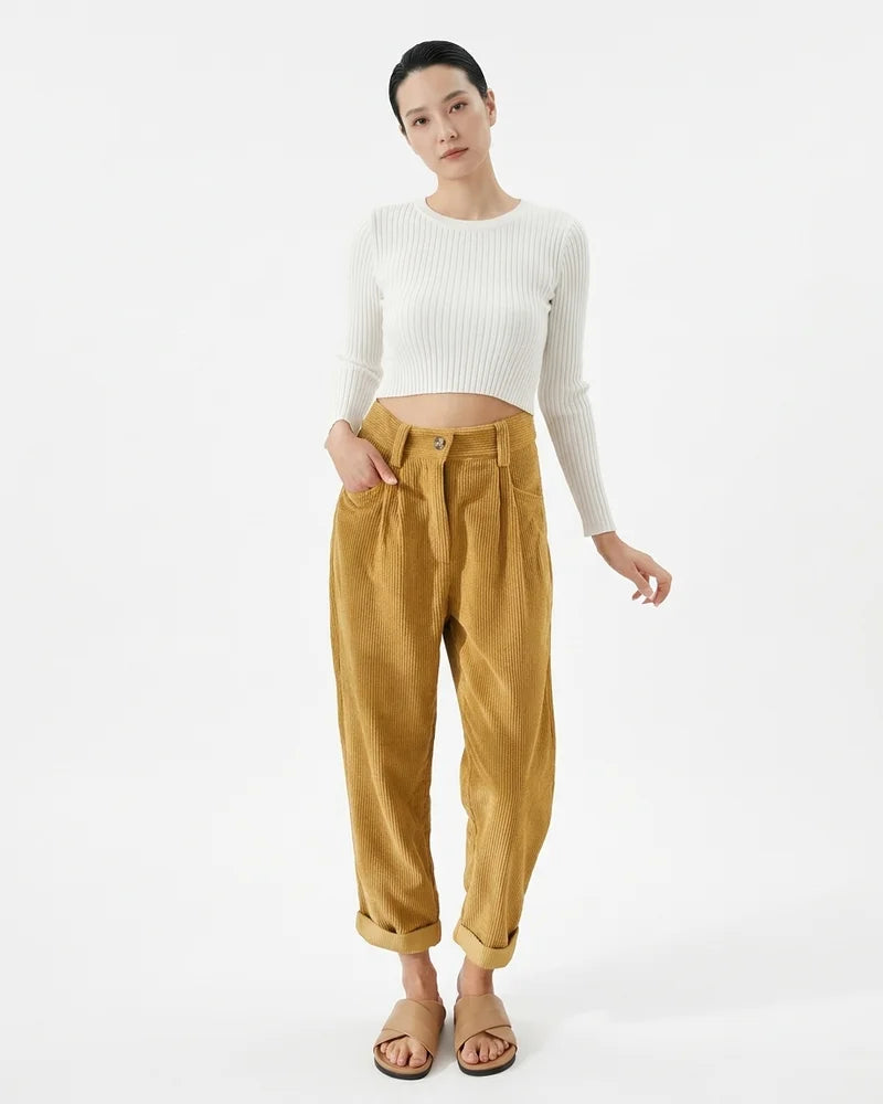 MARCFRANCOIS|Gelb Marie | Damen Cordhose High Waist Weit, Vorderansicht