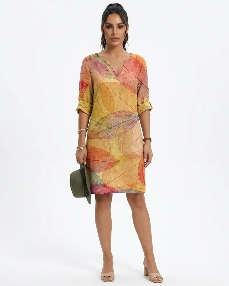 MARCFRANCOIS|Gelb Hannah | Damen Midi Kleid Blätterdruck V-Ausschnitt, Vorderansicht