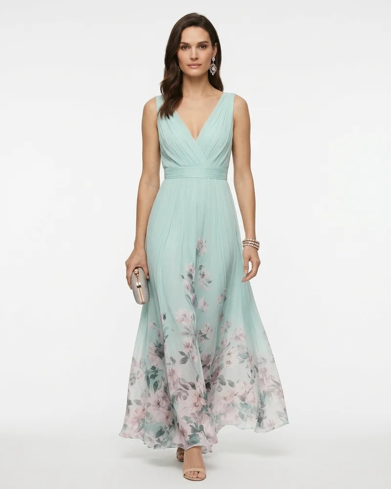MARCFRANCOIS|Gelb Petra | Damen Blumen Maxi Kleid V-Ausschnitt, Vorderansicht
