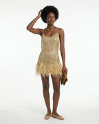 MARCFRANCOIS|Gold Cleo | Damen Minikleid Fransen Federbesatz, Vorderansicht
