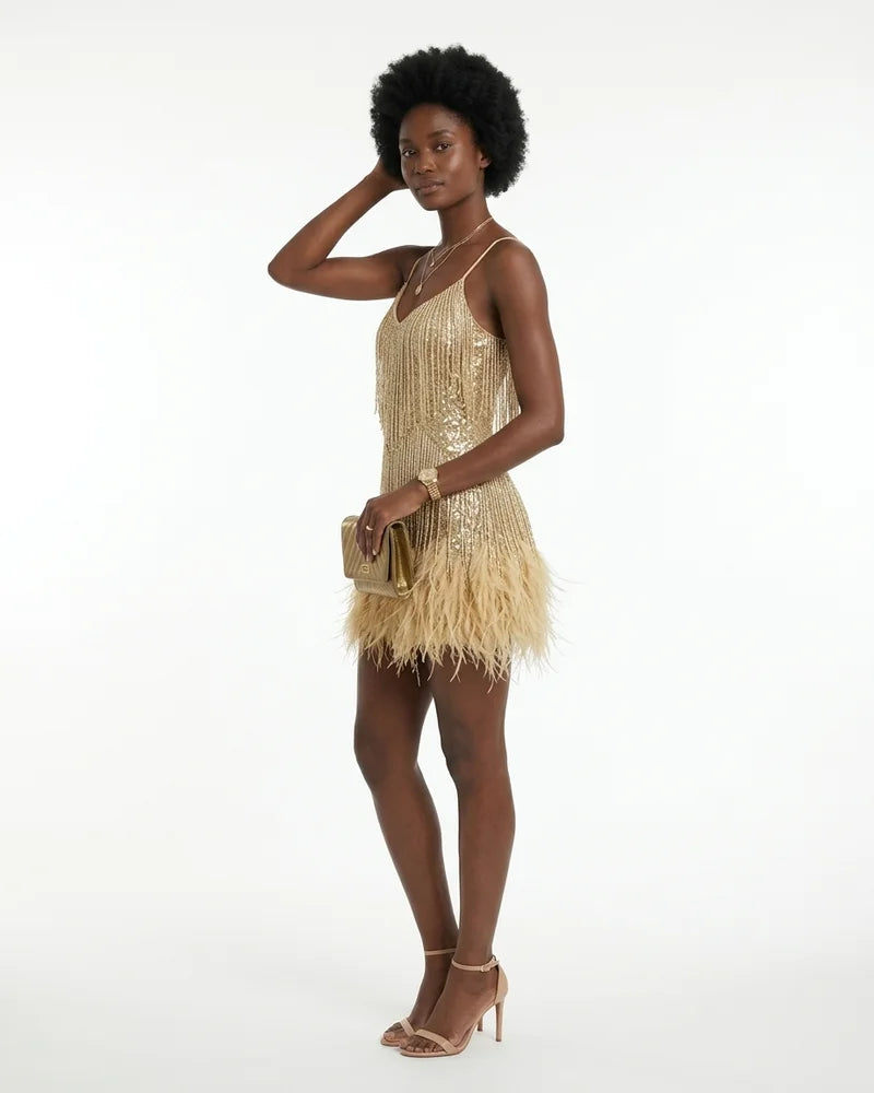 MARCFRANCOIS|Gold Cleo | Damen Minikleid Fransen Federbesatz, Vorderansicht