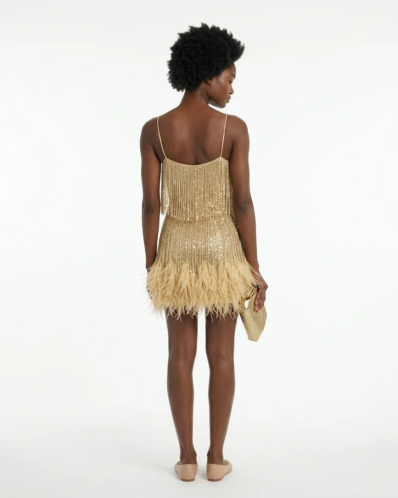 MARCFRANCOIS|Gold Cleo | Damen Minikleid Fransen Federbesatz, Vorderansicht