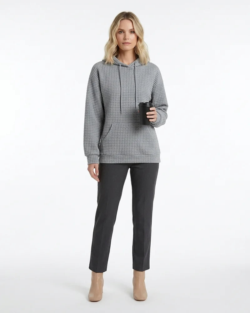 MARCFRANCOIS|Grau Greta | Damen Kapuzenpullover Waffelstruktur Langarm, Vorderansicht