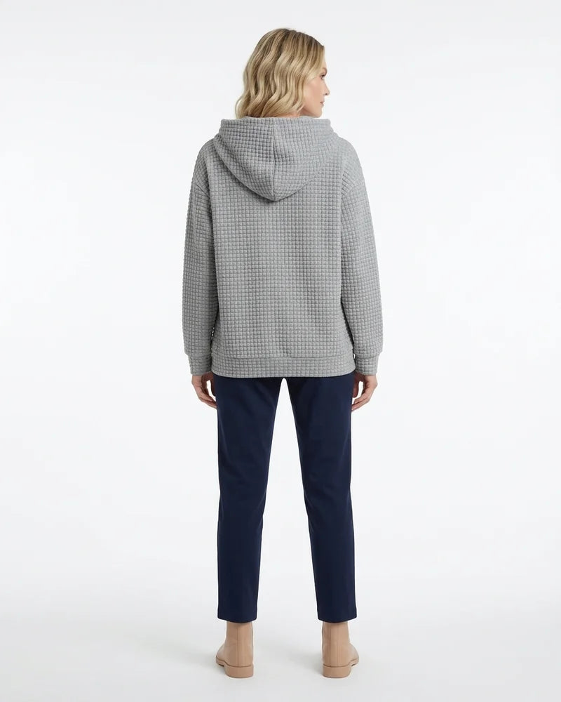 MARCFRANCOIS|Grau Greta | Damen Kapuzenpullover Waffelstruktur Langarm, Vorderansicht
