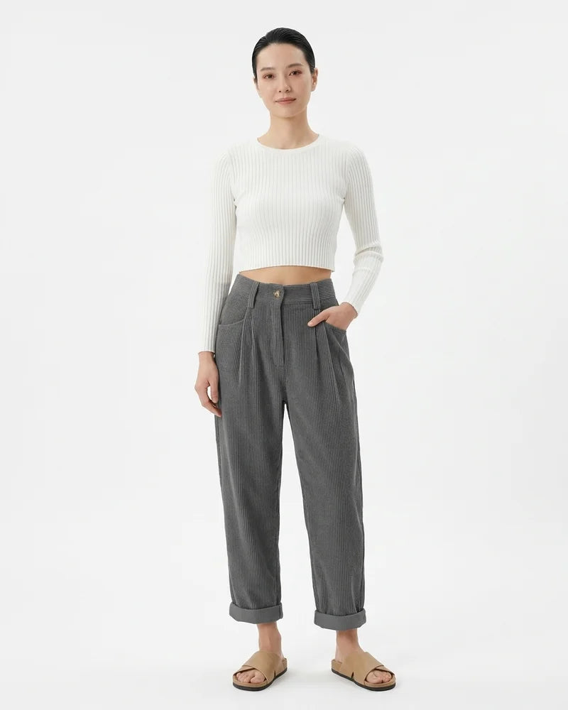 MARCFRANCOIS|Grau Marie | Damen Cordhose High Waist Weit, Vorderansicht