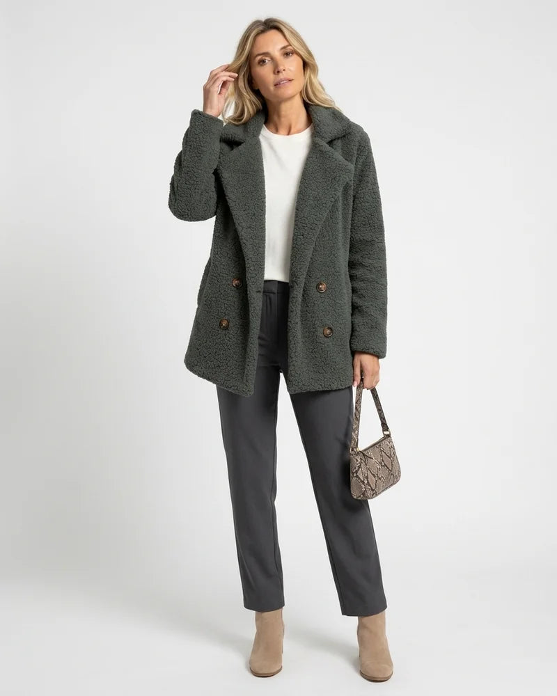 MARCFRANCOIS|Grau Zion | Damen Teddyjacke Revers Knöpfe, Vorderansicht