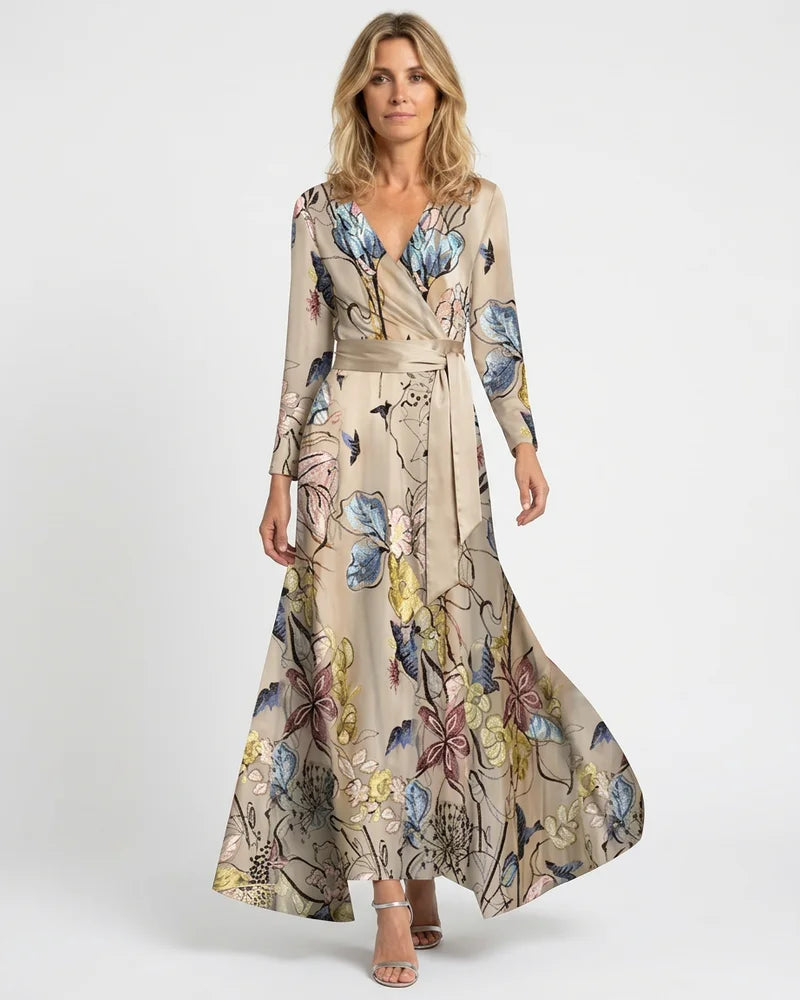 MARCFRANCOIS|Grau Harley | Damen Maxikleid Wickelkleid mit Print, Vorderansicht