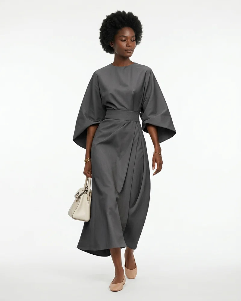 MARCFRANCOIS|Grau Devon | Damen Maxikleid Gürtel Elegant, Vorderansicht
