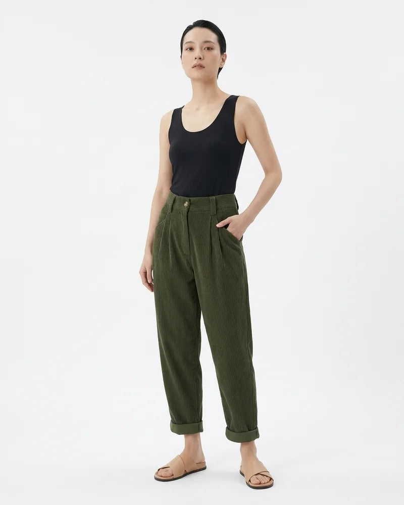 MARCFRANCOIS|Grün Marie | Damen Cordhose High Waist Weit, Vorderansicht