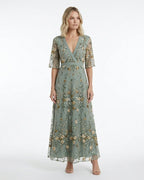 MARCFRANCOIS|Grün Kendall | Damen Maxikleid Blumen V-Ausschnitt, Vorderansicht