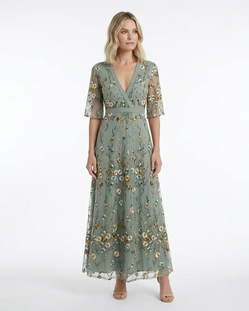 MARCFRANCOIS|Grün Kendall | Damen Maxikleid Blumen V-Ausschnitt, Vorderansicht
