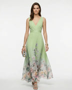 MARCFRANCOIS|Grün Petra | Damen Blumen Maxi Kleid V-Ausschnitt, Vorderansicht