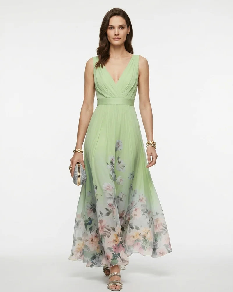 MARCFRANCOIS|Grün Petra | Damen Blumen Maxi Kleid V-Ausschnitt, Vorderansicht