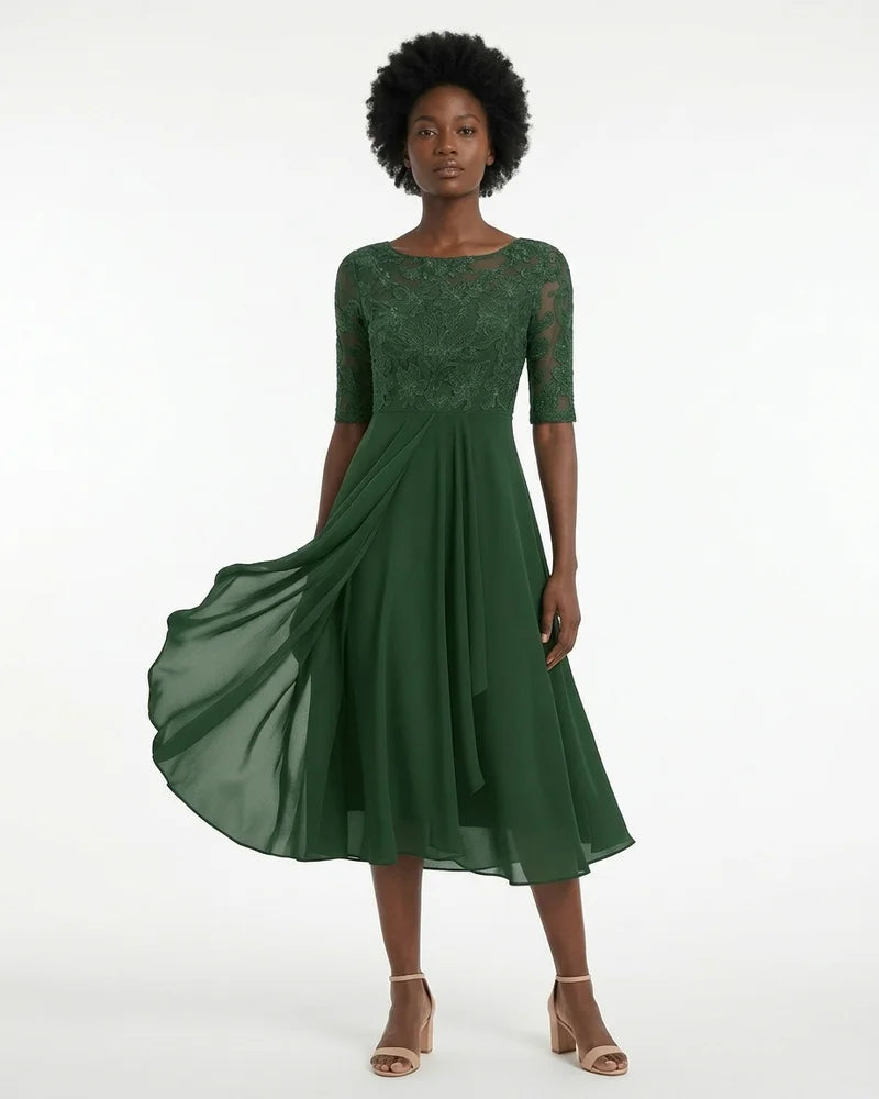 MARCFRANCOIS|Grün Jana | Damen A-Linien Midikleid Spitze Elegant, Vorderansicht