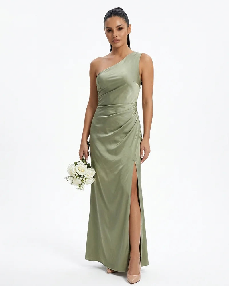 MARCFRANCOIS|Grün Signe | Damen Maxikleid One-Shoulder Elegant, Vorderansicht