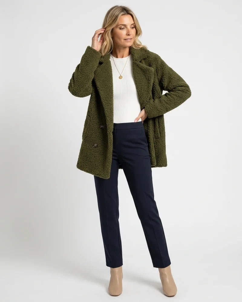 MARCFRANCOIS|Grün Zion | Damen Teddyjacke Revers Knöpfe, Vorderansicht
