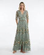 MARCFRANCOIS|Grün Kendall | Damen Maxikleid Blumen V-Ausschnitt, Vorderansicht